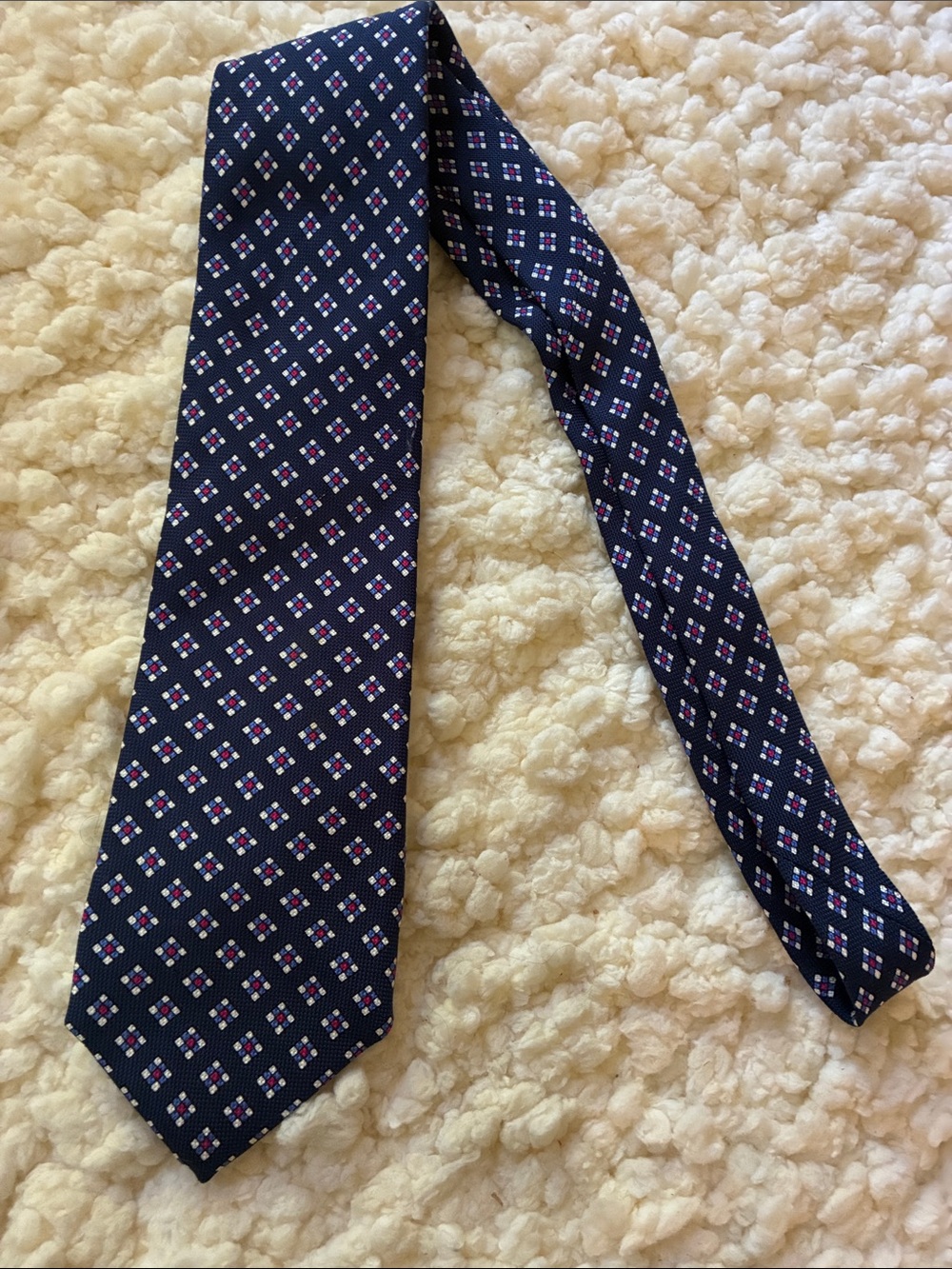 Lands' End Navy Silk Tie with Pink and White Geometric Motif
